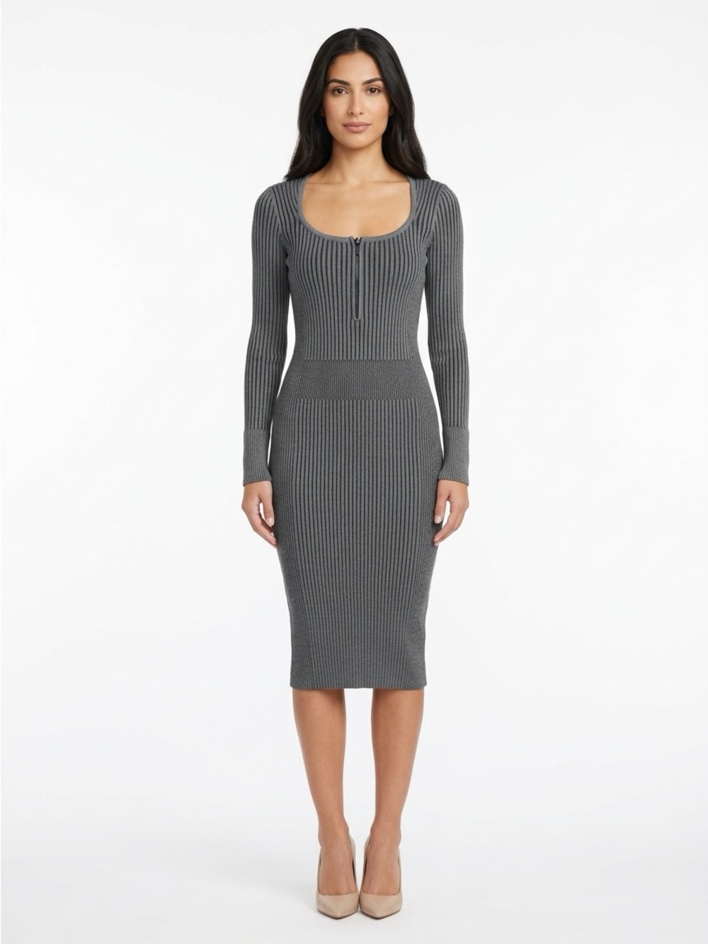 Cache Half Zip Midi Dress Ribbed Knit Striped Grey Black Small